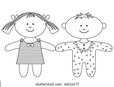 Toys: smiling little ragdoll-boy and ragdoll-girl, contours