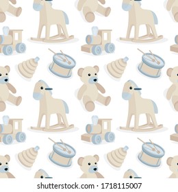 Toys soft, pastel colors seamless background. Cartoon style rocking horse, teddy bear, rum, locomotive and puzzle pyramid drawing endless vector pattern. Baby background seamless concept. Part of set.