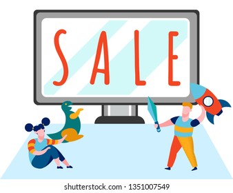 Toys Store Discounts Cartoon Vector Illustration. Children Playing with Soft Toys. Sale Word on Computer Screen. Brother and Sister, Siblings Characters. Children Products Internet Shop