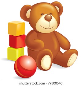 Toys - Teddy bear, cubes, ball. Vector illustration, separate layers