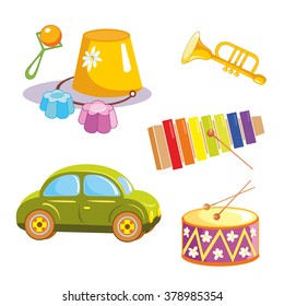 Toys. Toy car, bucket, rattle, glockenspiel, trumpet and drum. Vector illustration.