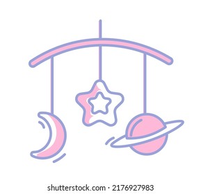 Toys and trinkets hanging on thread of baby mobile. Cosmos and galaxy theme for nursery design. Star and crescent moon, planet and constellation. Decor for children room. Vector in flat style