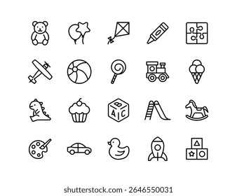 Toys Vector Icon Set | Adjustable Line Weight | Teddy bear, balloons, puzzle, airplane, dinosaur, rocking horse, blocks, rocket, cupcake, lollipop, kids, childhood, playtime icons