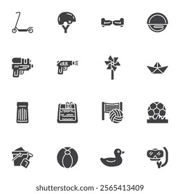 Toys vector icons set, modern solid symbol collection, filled style pictogram pack. Signs, logo illustration. Set includes icons as summer water pistol, kick scooter, diving mask, sand bucket shovel