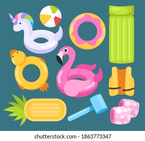 Toys water vector illustration set. Cartoon inflatable swimming beach vacation accessories for floating in sea water, funny cute rings with flamingo unicorn and duck, rubber ball and floater mattress