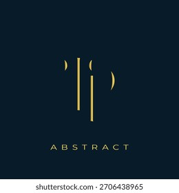 TP Abstractas diseño de logotipo dorado. Abstractas composición de símbolos de oro sobre un fondo azul marino oscuro
