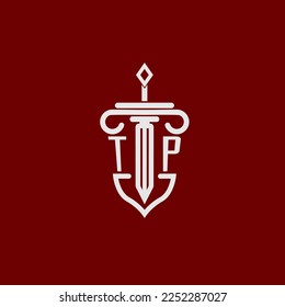 TP initial logo monogram design for legal lawyer vector image with sword and shield