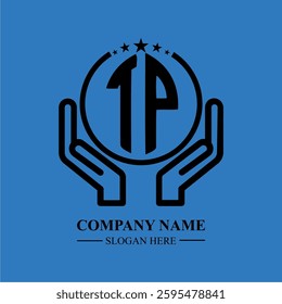 TP initials held within hands, symbolizing trust and protection. The circle represents unity, while stars highlight excellence and ambition.