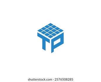 TP Initials Logo: Blue Shaded Grid Symbolizing Solar Panels, Renewable Energy, Sustainability, Technology and Data. Innovative T and P Letters logo vector for future Tech, and digital Solutions.