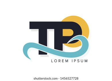 TP letter logo with ocean waves and sunset. Beach concept design