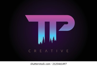 TP Letters Logo Design with Purple Blue Colors and Pine Forest Trees Concept Vector Icon. TP Trees Logo with Vibrant Gradient Colors Idea.