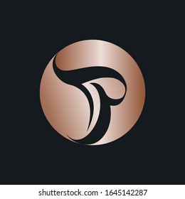TP monogram logo.Calligraphic style circular emblem icon.Script lettering sign.Signature alphabet initials isolated on dark background.Negative space letter t and letter p.Metallic characters shape.