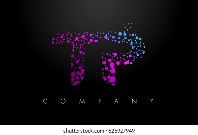 TP T P Letter Logo with Purple Blue Particles and Bubble Dots Design Vector.