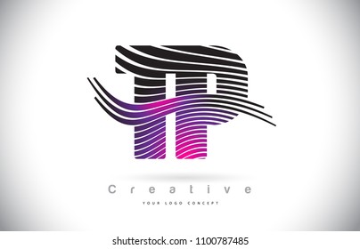 TP T P Zebra Texture Letter Logo Design With Creative Lines and Swosh in Purple Magenta Color Vector.