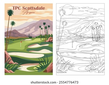 TPC Scottsdale Golf Course, Arizona, USA. Hand-Drawn Colorful Vector Illustration Poster.