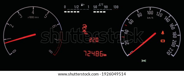 TPMS (Tyre Pressure Monitoring System) display on car\
dashboard. Pressure measurement given in kilopascal. Car instrument\
panel with speedometer, tachometer, odometer, car temperature and\
fuel gauge. 