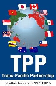 TPP(Trans Pacific Partnership) And Negotiating Countrie's Flags, Vector Illustration