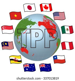 TPP(Trans-pacific partnership) and Negotiating countrie's flags, vector illustration