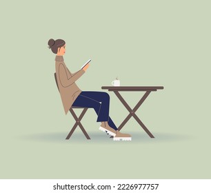 TPretty girl read book, sits at table and drink cup of coffee or tea. Woman on lunch break, coffee break, rest from routine.Student prepare for exam.Vector