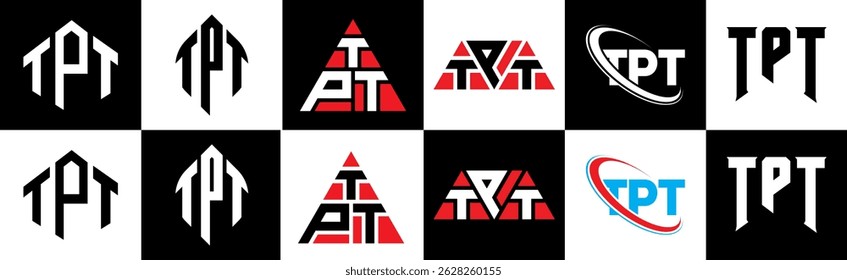 TPT letter logo design in six style. TPT polygon, circle, triangle, hexagon, flat and simple style with black and white color variation letter logo set in one artboard. TPT minimalist and classic logo