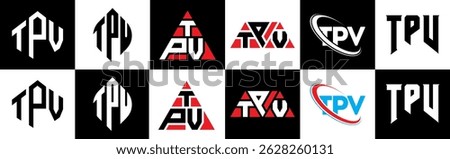TPV letter logo design in six style. TPV polygon, circle, triangle, hexagon, flat and simple style with black and white color variation letter logo set in one artboard. TPV minimalist and classic logo
