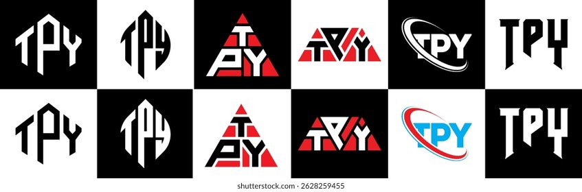 Projeto do logotipo da letra TPY em estilo seis. Polígono TPY, círculo, triângulo, hexágono, estilo simples e plano com logotipo de letra de variação de cor preto e branco definido em uma prancheta. TPY minimalista e logotipo clássico