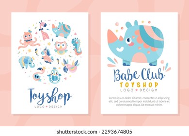 Tpy shop logo design. Baby club, education center, play zone labels, badges with cute animals and birds vector illustration