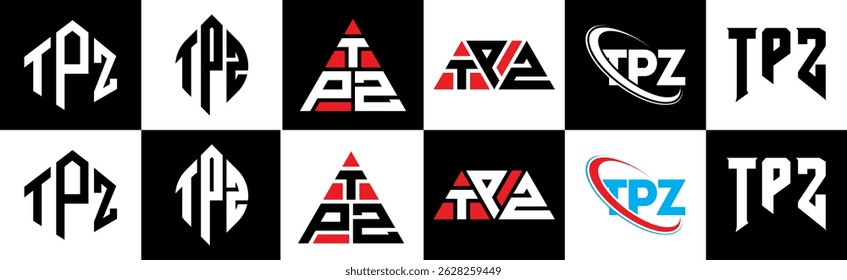 TPZ letter logo design in six style. TPZ polygon, circle, triangle, hexagon, flat and simple style with black and white color variation letter logo set in one artboard. TPZ minimalist and classic logo