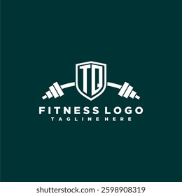 TQ initial monogram for fitnes or gym logo with creative shield and barbell design
