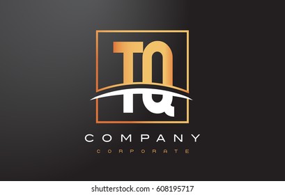 TQ T Q Golden Letter Logo Design with Swoosh and Rectangle Square Box Vector Design.