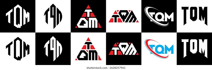TQM letter logo design in six style. TQM polygon, circle, triangle, hexagon, flat and simple style with black and white color variation letter logo set in one artboard. TQM minimalist and classic logo