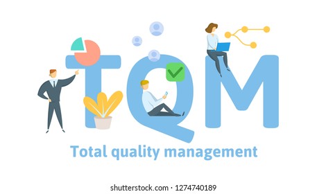TQM, Total Quality Management. Concept with keywords, letters and icons. Colored flat vector illustration. Isolated on white background.