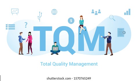 tqm total quality management concept with big word or text and team people with modern flat style - vector