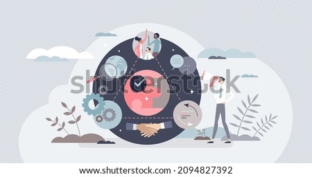 TQM as total quality management system for company growth tiny person concept. Customer satisfaction standard improvement with efficient strategy for service or product development vector illustration