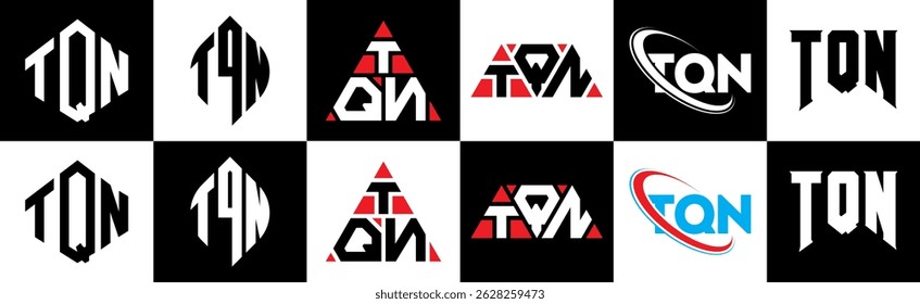 TQN letter logo design in six style. TQN polygon, circle, triangle, hexagon, flat and simple style with black and white color variation letter logo set in one artboard. TQN minimalist and classic logo