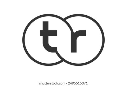 TR business company emblem with outline rounds and letters t r. Logo template of two merged circles for brand identity, logotype. Vector Infinity symbol  and technology sign.