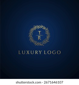 TR letter monogram luxury wedding with creative circle leaf gold