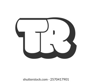 TR logo, bubble comic lettering, rounded in graffiti style black and white silhouette. Trendy preschool T and R letter text for festival party, personal initials, children funky print and web. 