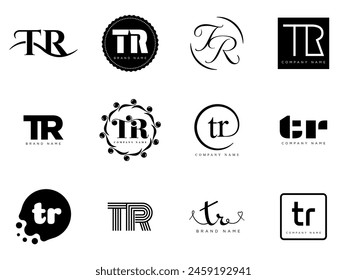 TR logo company template. Letter t and r logotype. Set different classic serif lettering and modern bold text with design elements. Initial font typography. Collection trendy business identity.