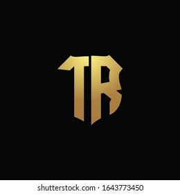 Monograma del logotipo TR con colores dorados y plantilla de diseño de forma de escudo