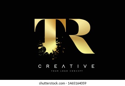 TR T R Letter Logo with Gold Melted Metal Splash Vector Design Illustration.