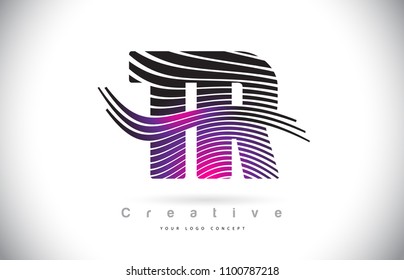 TR T R Zebra Texture Letter Logo Design With Creative Lines and Swosh in Purple Magenta Color Vector.