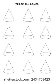 Trace all cones. Handwriting practice for kids. Black and white worksheet.