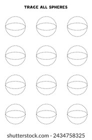 Trace all spheres. Handwriting practice for kids. Black and white worksheet.