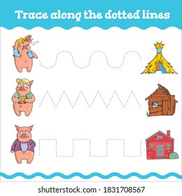 Seguimiento de las líneas punteadas Juegos educativos con tres cerdos pequeños. Hoja de trabajo de preescolar o jardín de infancia. Ilustración del vector