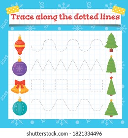 Seguimiento a lo largo de las líneas punteadas Juegos de educación para niños. Hoja de trabajo de Navidad en preescolar o kindergarten. Ilustración del vector