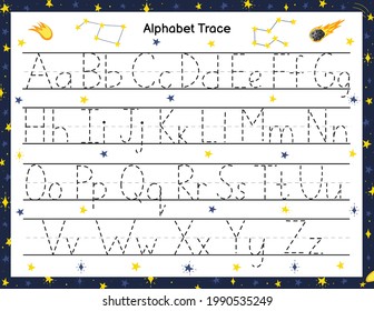 Trace alphabet activity page for kids. Handwriting letters practice. Space worksheet. Educational game for preschool. Vector illustration