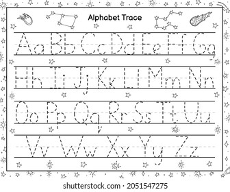 Trace alphabet activity page for kids. Handwriting letters practice. Space black and white worksheet worksheet. Coloring page for preschool. Vector illustration