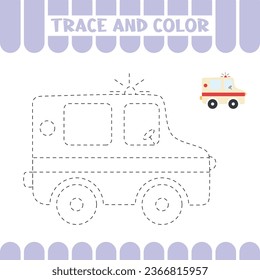 Trace ambulance. Tracing educational page for kids. Handwriting practice activity worksheet for preschoolers
