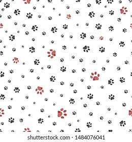 Trace black and red doodle paw prints seamless pattern background